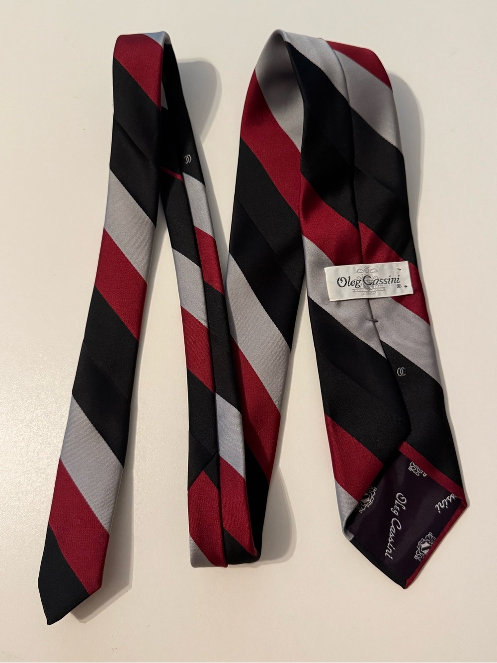 Oleg Cassini Burgundy, Black & Silver Diagonal Stripe Silk Tie